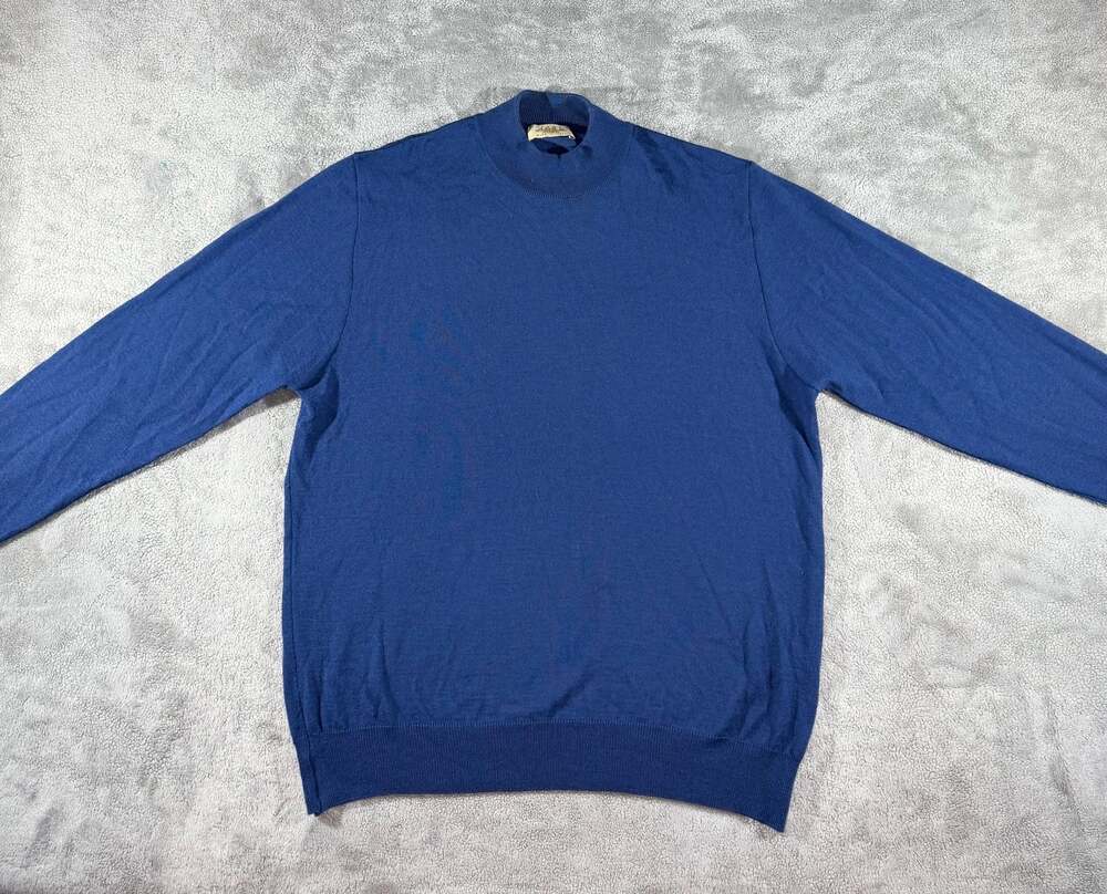 Montechiaro Men's Blue Mock Neck Long Sleeve Merino/Virgin Wool Blend Sweater, L